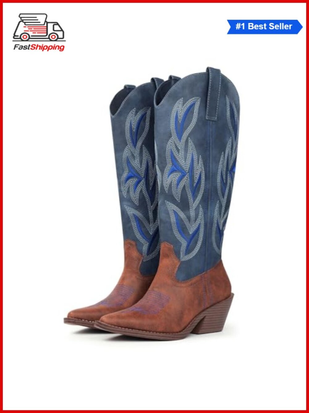 ✨ Hawkwell Cowgirl Boots Women Knee High Snip Toe Block Heel Faux Leather